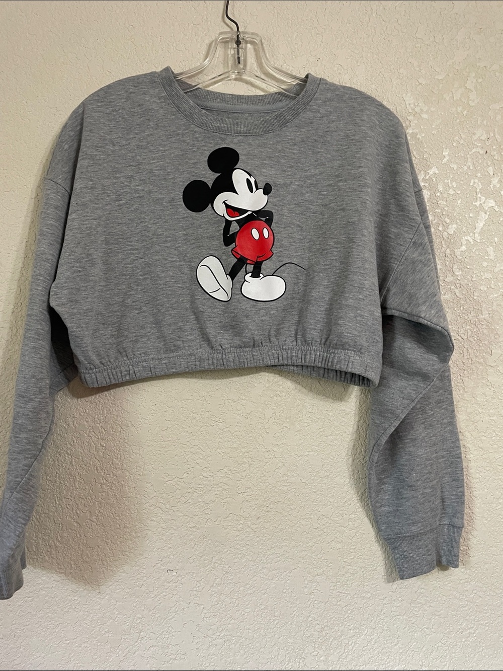 Disney Gray Cropped Mickey Mouse Sweatshirt with Red Accent